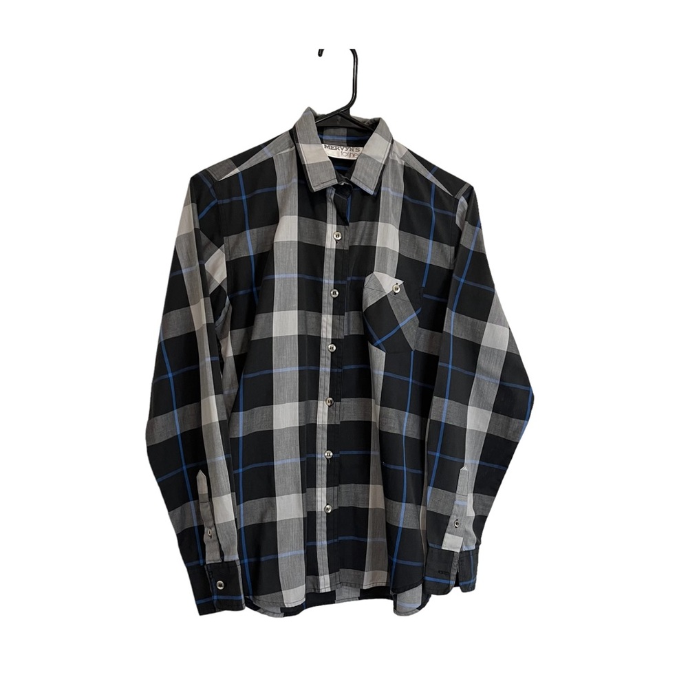 Mervyns For Her Black Blue Plaid Long Sleeve Button Up Shirt Womens Size 10